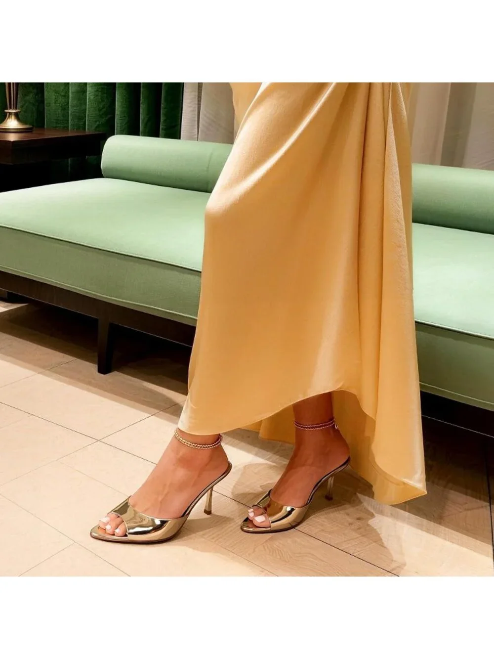 Women's Gold Faux Leather Comfortable Pointed Peep Toe High Kitten Heels